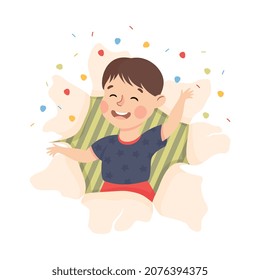 Cheerful Boy Looking Through Torn Paper Hole with Confetti Explosion and Waving Hand Vector Illustration