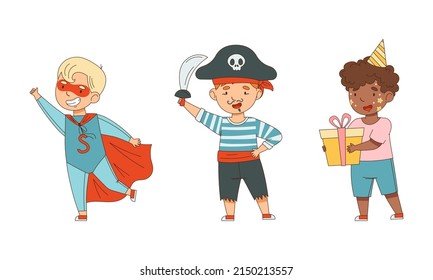 Cheerful Boy In Masquerade Costume And With Face Painting Engaged In Festive Celebration Vector Illustration Set