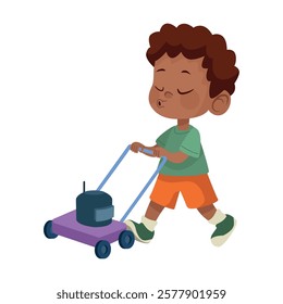 Cheerful boy mowing lawn with a toy mower