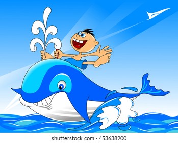 Cheerful boy on the back of a large blue whale, vector