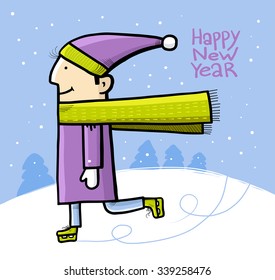 Cheerful boy on a skating rink. Happy New Year. Vector illustration. 