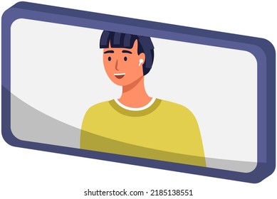 Cheerful Boy On Smartphone Screen, Video Call Icon. Young Man Waving Hello With Hand On Phone Display. Concept Of Online Conversation, Talk Online, Chat, Conference, Meeting, Video Communication