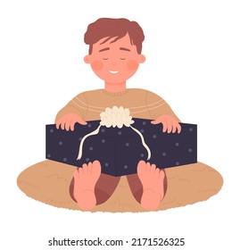 Cheerful boy opening present. Kid unwrapping surprise gift vector illustration