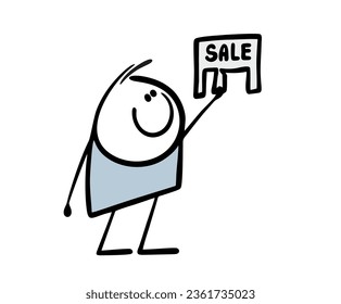 Cheerful boy opens a piece of paper from an advertisement on the wall. Vector illustration of illegal advertising of the sale of goods. Cute character isolated on white background.