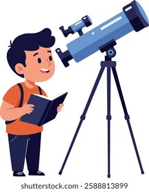 A cheerful boy in an orange shirt looks through a telescope, excitedly exploring astronomy with a book in hand.