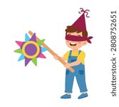 A cheerful boy in overalls plays blind man