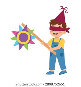 A cheerful boy in overalls plays blind man's bluff with a colorful pinata stick, exuding joy and excitement in a playful setting, perfect for kids' activities and celebrations.