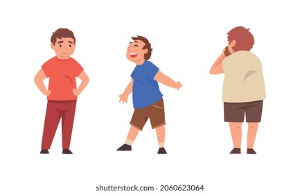 Cheerful Boy with Overweight and Body Fat Eating Something and Smiling Vector Set