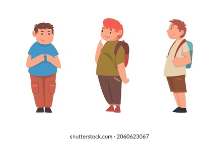 Cheerful Boy with Overweight and Body Fat Vector Set