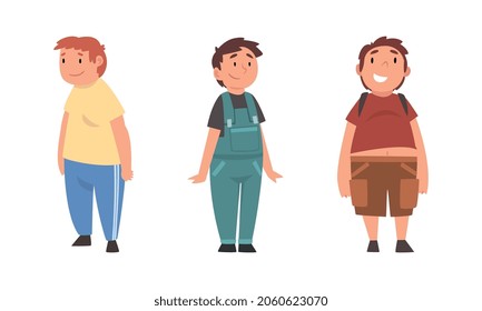 Cheerful Boy with Overweight and Body Fat Vector Set