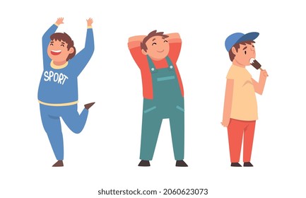Cheerful Boy with Overweight and Body Fat Eating Ice Cream and Cheering Vector Set
