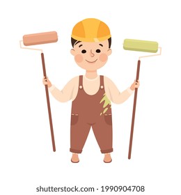 Cheerful Boy with Paint Roller Depicting Builder Profession Vector Illustration