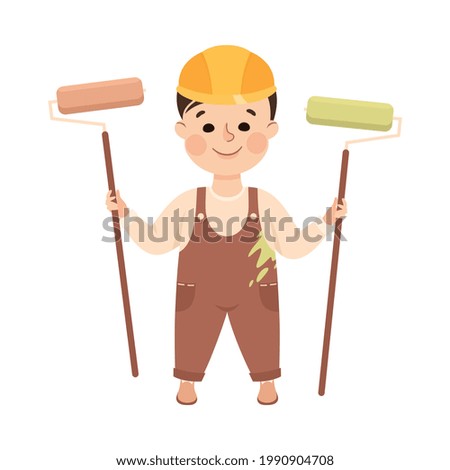 Cheerful Boy with Paint Roller Depicting Builder Profession Vector Illustration