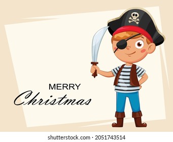 Cheerful boy in pirate costume. Child in Christmas carnival costume, cute cartoon character