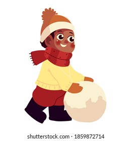 cheerful boy playing with the big snowball vector illustration