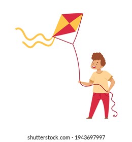 Cheerful Boy Playing with Flying Paper Kite Vector Illustration
