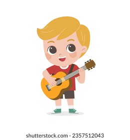 A cheerful boy playing guitar and singing happily.