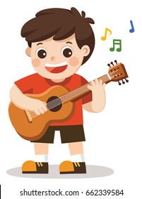 A cheerful boy playing guitar and singing happily.