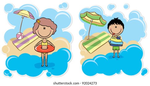 Cheerful boy playing with ship and cheerful cute girl with inner tube on the beach