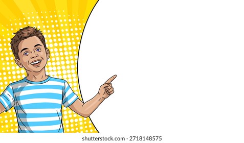 A cheerful boy points at something near an empty pop art banner