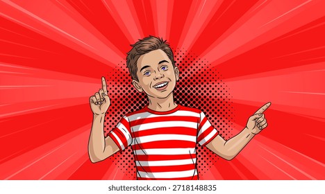 Un niño alegre señala algo de arte pop