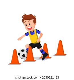 a cheerful boy practicing soccer with several cones