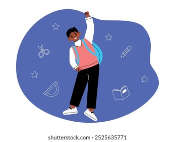 Cheerful boy preparing to go back to school with full enthusiasm, vector illustration.