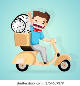 Fröhlicher Junge Händehund und Lächeln, wenn Motorrad-Lieferuhr in Stoßzeiten fahren, Vectorflaches Konzept und Cartoon-Design