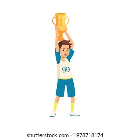 Cheerful boy raising above his head gold trophy cup, flat cartoon vector illustration isolated on white background. Child winner or champion with gold cup.