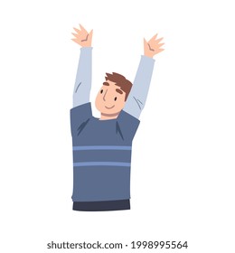 Cheerful Boy Raising his Hands, Happy Male Person Having Fun or Celebrating Success Cartoon Vector Illustration