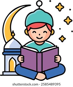 A cheerful boy reads the Quran with a mosque, stars, and a crescent moon in the background, symbolizing joy in Ramadan.
