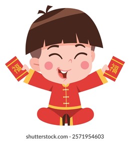 Cheerful Boy with Red Envelopes for Chinese New Year