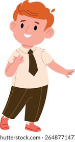 A cheerful boy with red hair wearing a shirt and tie, drawn in a playful style. The young child is depicted with a friendly expression and casual pose. Cartoon vector illustration.