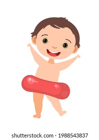 Cheerful boy rejoices. Prepared for water games in the sea, river or pool. In beachwear. Isolated on white background. Illustration in cartoon style. Flat design. Vector art