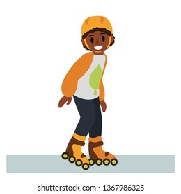 Cheerful boy rides on the rollers. Active pastime. Vector illustration
