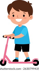 Um menino alegre monta uma scooter rosa vestindo uma camisa azul e shorts pretos, desfrutando de uma brincadeira ao ar livre com uma expressão alegre. Humor brilhante e vivo.