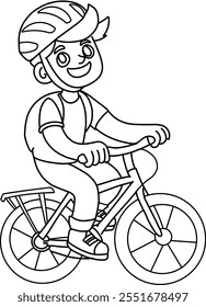 A cheerful boy riding a bicycle wearing a helmet and a backpack, perfect for coloring pages, children's illustrations, and educational materials