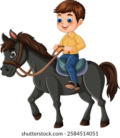 A cheerful boy riding a friendly black horse