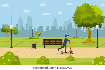 Cheerful Boy Riding Kick Scooter in Park Enjoying Good Weather. Spending Day in Nature. Healthy lifestyle and family walks summer sunny weather Vector illustration