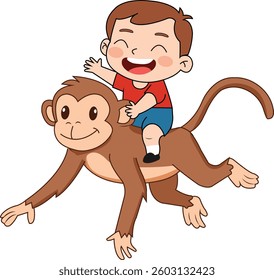 A cheerful boy riding a monkey, full of happiness and adventure.