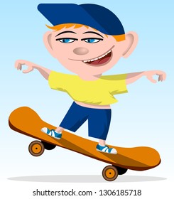 cheerful boy is riding a skateboard. vector image