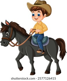 A cheerful boy riding a small black horse