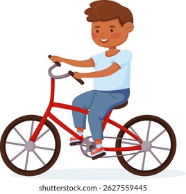 Menino alegre andando de uma bicicleta vermelha vibrante, abraçando a alegria da brincadeira ao ar livre, promovendo um estilo de vida divertido e ativo cheio de atividades saudáveis para crianças