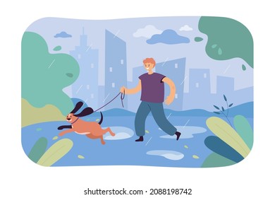 Cheerful boy running with dog under rain. Kid walking puppy in rainy weather flat vector illustration. Pets, outdoor activity, autumn, friendship concept for banner, website design or landing web page