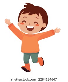 Cheerful boy running and jumping with joy over white