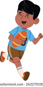 A cheerful boy runs holding a football in cartoon style. The child joyfully sprints with an oval ball in his hands. Cartoon vector illustration.