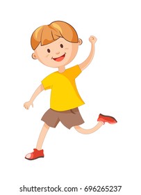 Cheerful boy runs with raised hand isolated illustration