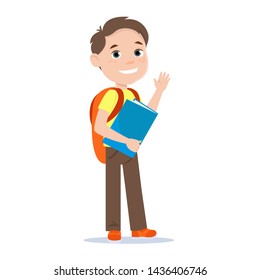 Cheerful boy, schoolboy or student goes to school or in kindergarten. Smiling character waves his hand while greeting someone.
