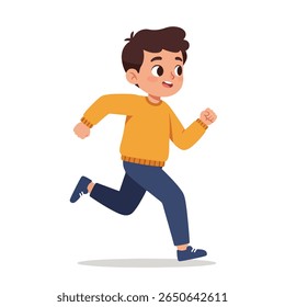 A cheerful boy with short brown hair is depicted running energetically, wearing a mustard-yellow sweater and blue pants.  His joyful expression and dynamic p...