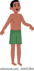 A cheerful boy with short hair stands in green swim shorts, drawn in a flat style. The child is barefoot and appears happy with open arms. Cartoon vector illustration.